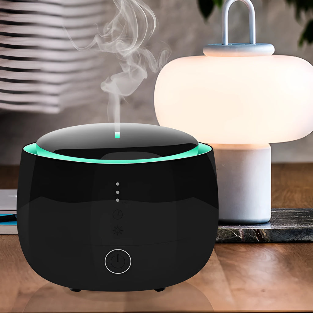 Smart home aromatherapy humidifier with 300ml tank, air purifier, and colourful LED lights in black