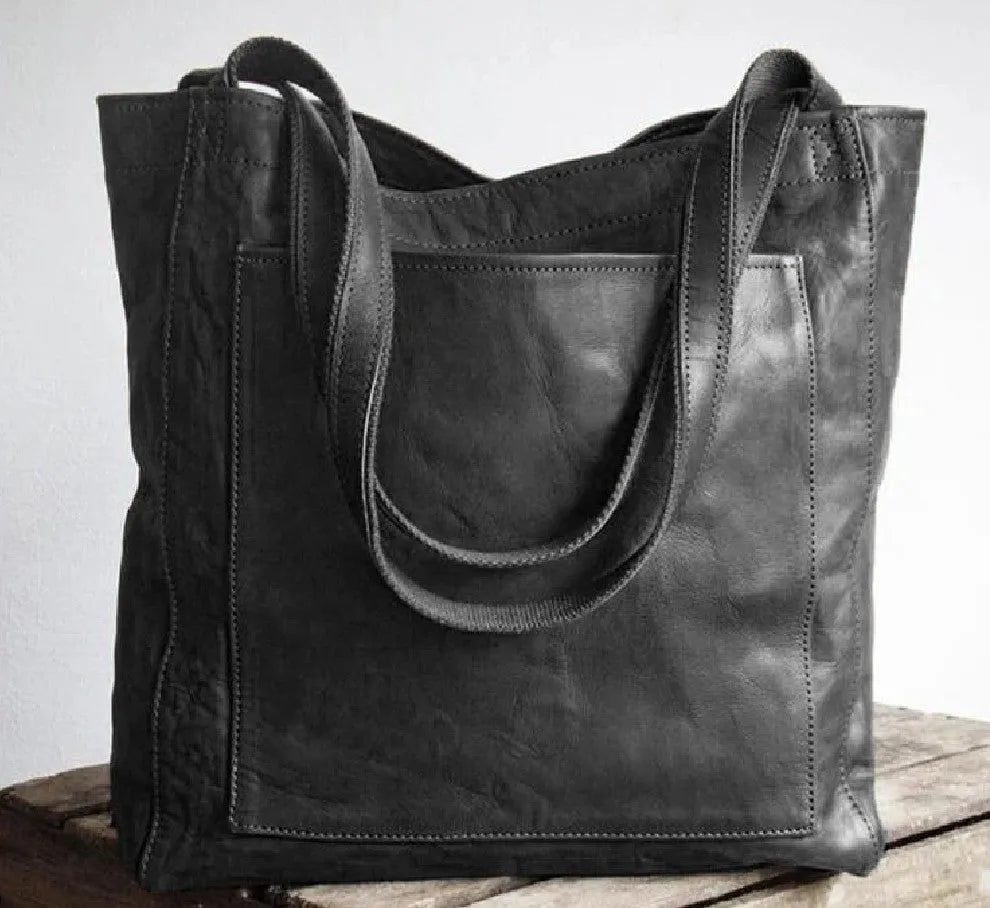 Women's PU shoulder handbag square vertical shape zipper pocket vintage sewing line detail brown black
