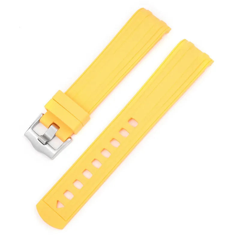 20mm width watch strap with silver buckle shown in multiple colour options including army green, sapphire blue, and dark red.