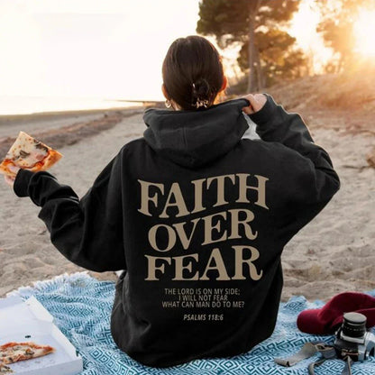 Inspirational Christian hoodie with 'Faith Over Fear' graphic in various colors