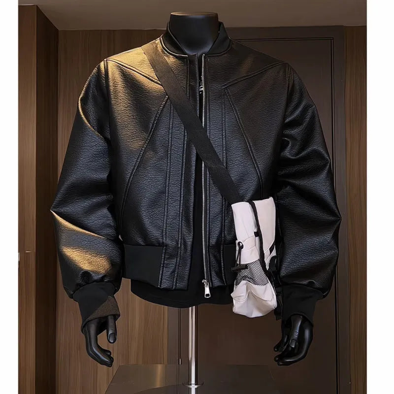 Men's black PU leather jacket with extended length and slim fit design