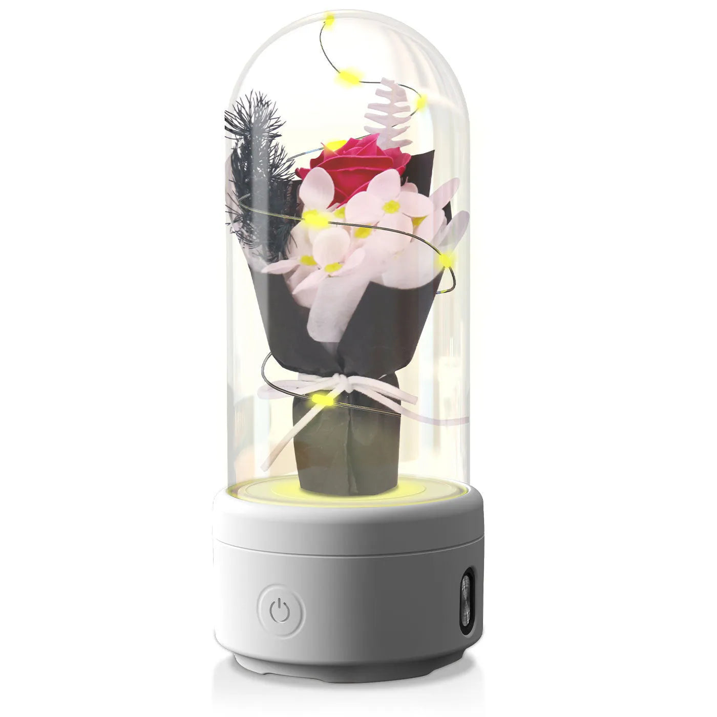 Rose-shaped LED bouquet night light with Bluetooth speaker enclosed in glass cover