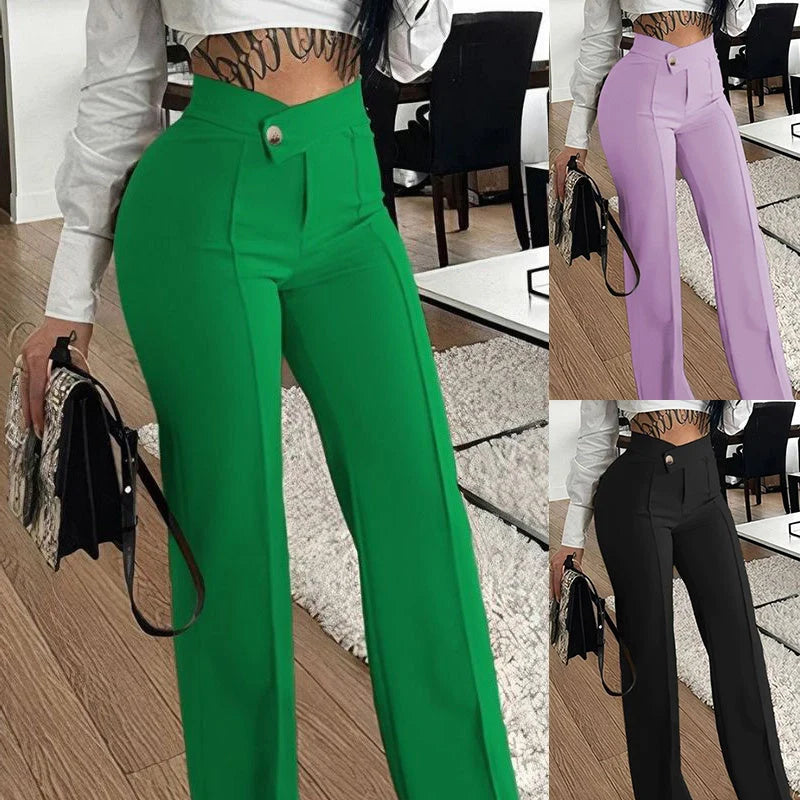Women's slim straight-leg trousers with buckle detail in various colours