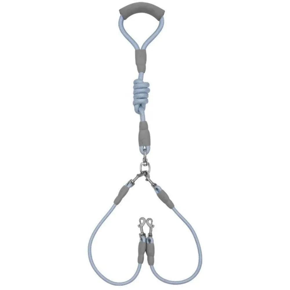 Blue double dog leash with soft foam handle for walking two small dogs