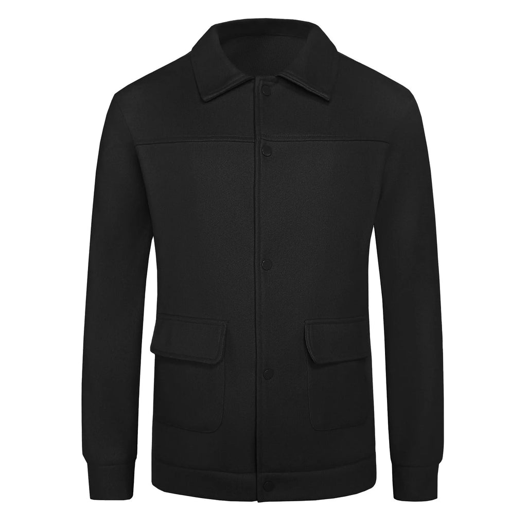 European and American casual wool jacket for women, slim fit, long sleeve lapel, woven polyester, black colour, on model