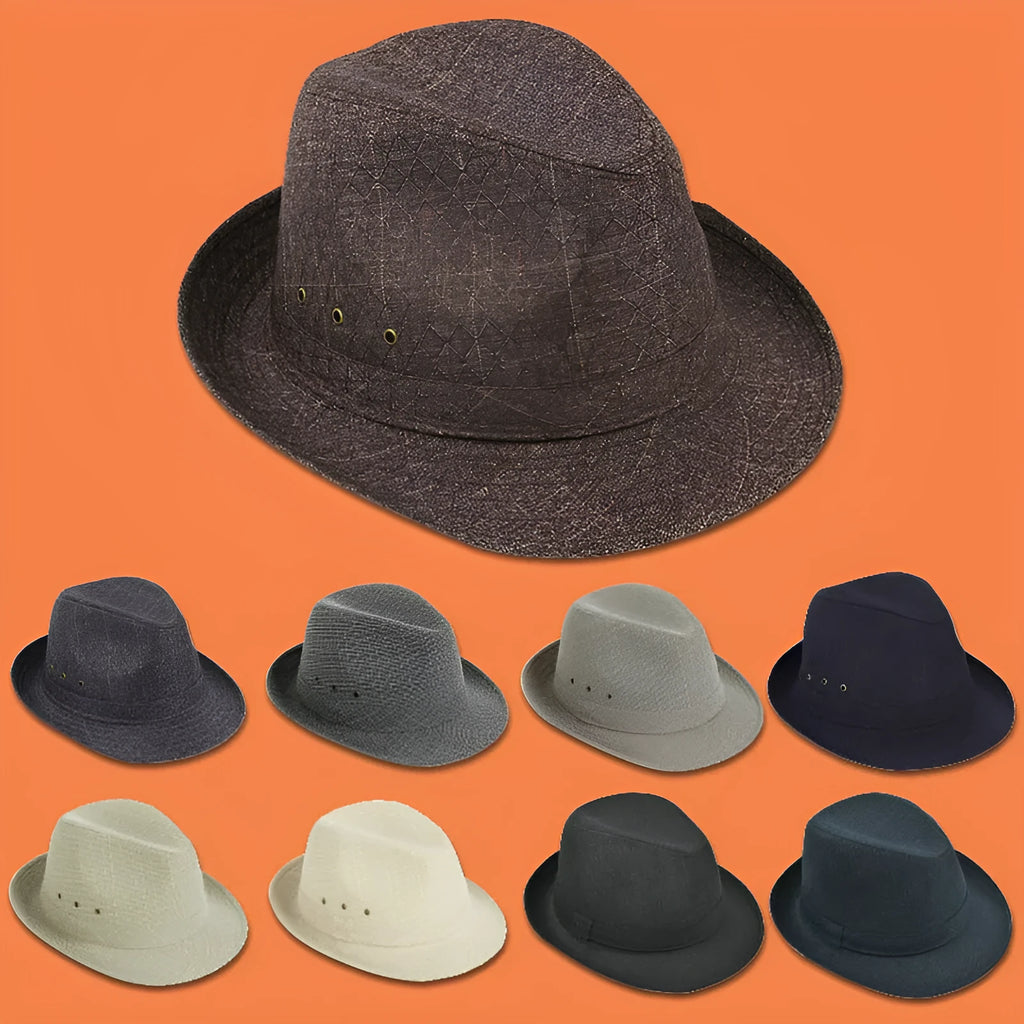 A thickened suit material fedora hat for men on a stand, shown in a dark colour.