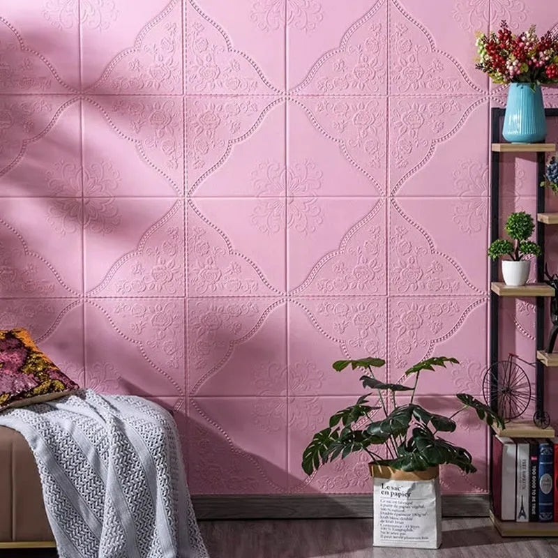 Light blue XPE foam wall sticker with plants and flowers pattern, 70cm square with self-adhesive backing