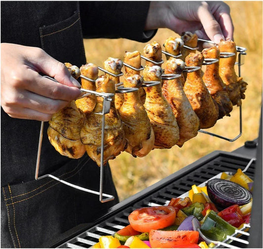 Stainless Steel Barbecue Rack with 14 slots for cooking chicken legs and wings, featuring a folding stand and drip tray