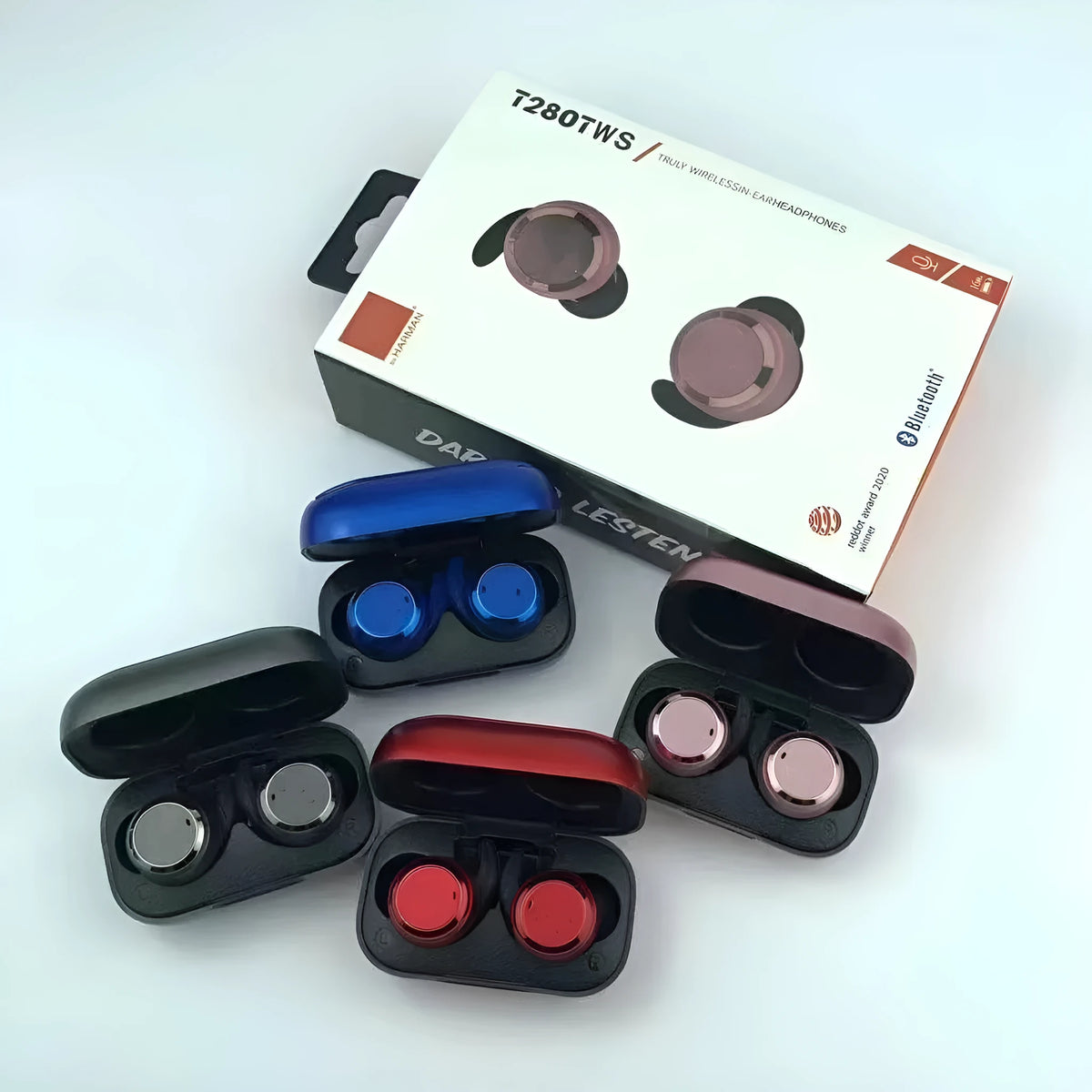 T280 TWS binaural Bluetooth headset in mini e-sports style, available in black, red, blue, pink colours