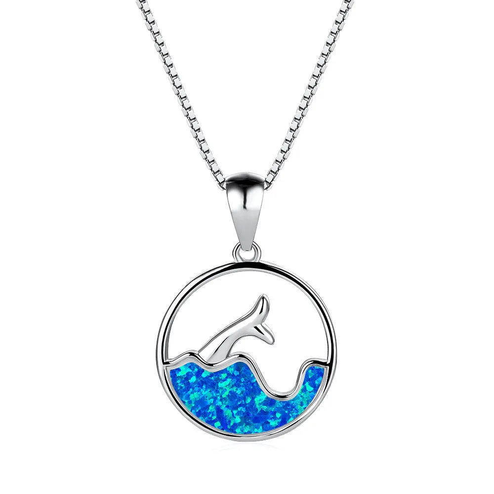 White gold electroplated necklace with geometric sea fishtail pendant featuring round blue opal stone