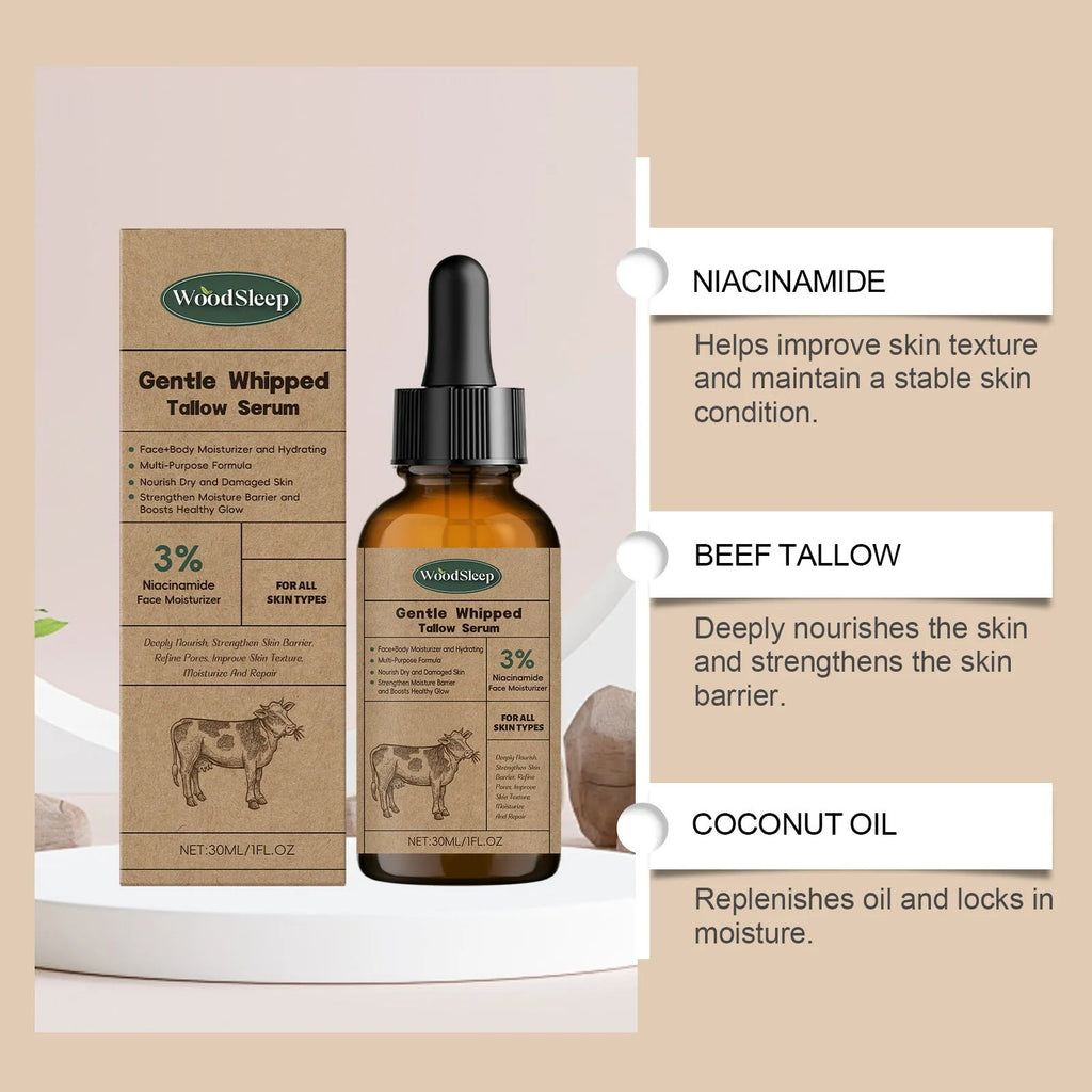 Whipped tallow serum 30ml in a tube with ingredient list including tallow and coconut oil