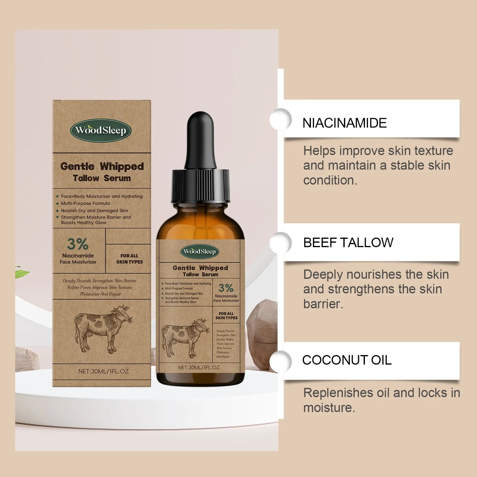 Whipped tallow serum 30ml in a tube with ingredient list including tallow and coconut oil