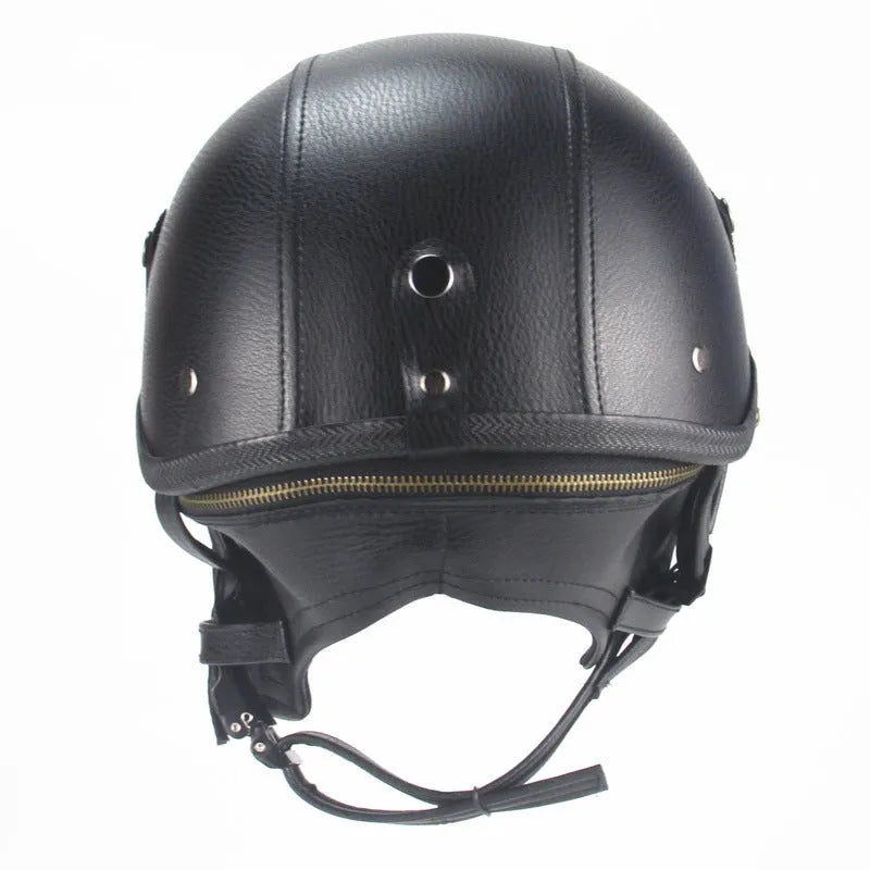 Retro leather half helmet for cruiser motorcycles in black colour showing ABS construction