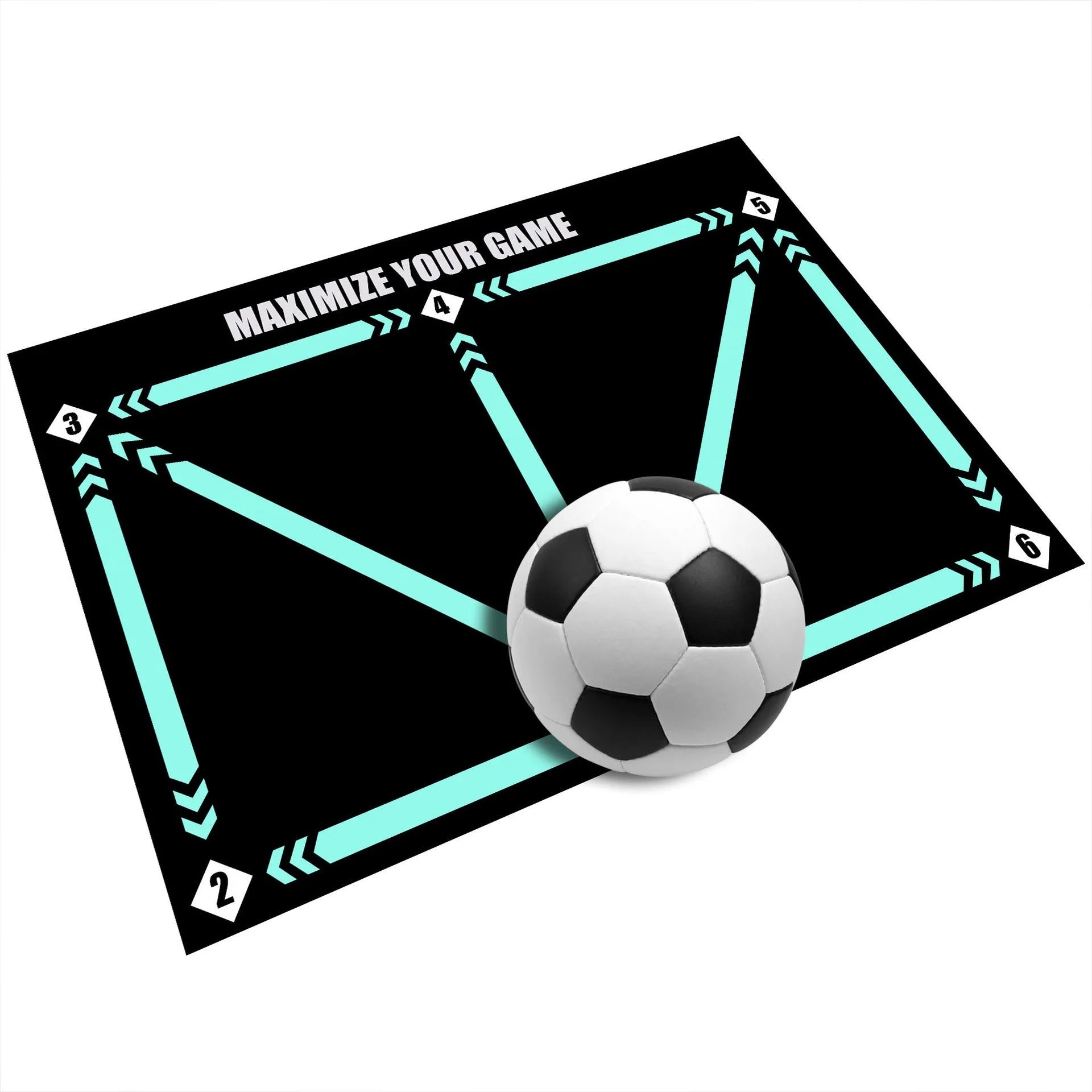 Black rectangular football training mat with non-slip base measuring 60 by 90 centimetres