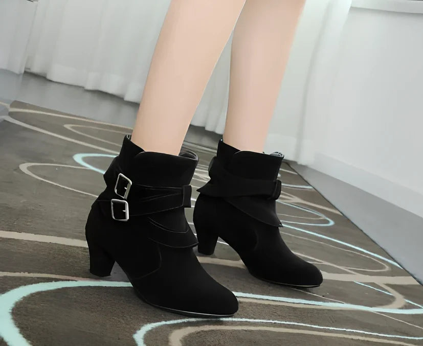 Women's suede ankle boots in beige with 6-8cm heel, side zipper, and rubber sole for warm casual wear