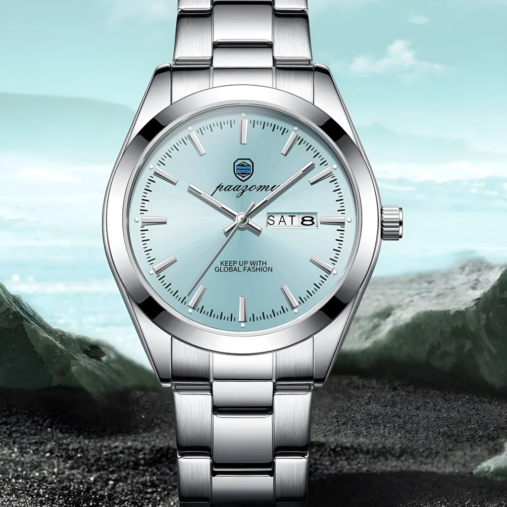 Men's double calendar luminous quartz watch with silver case and steel strap