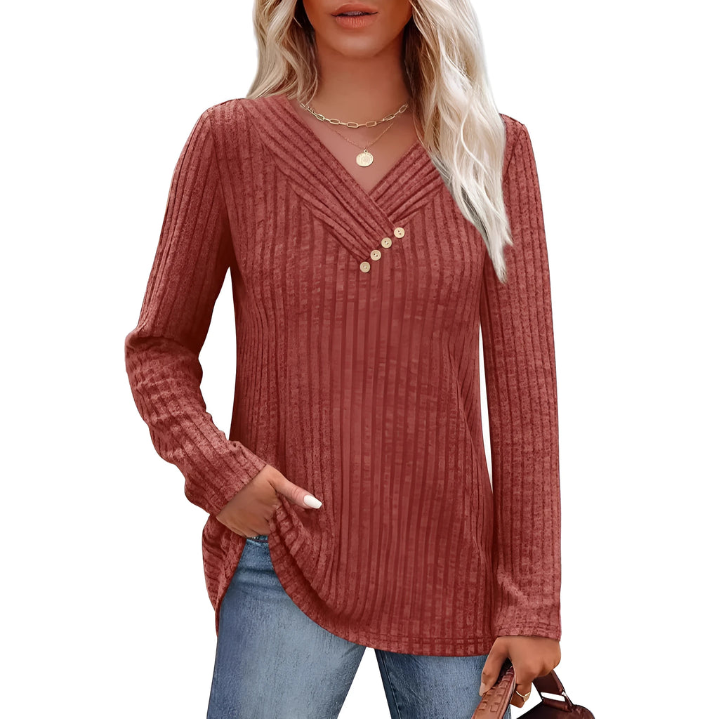 Women's loose fit V-neck pullover top in solid colour with 3D effect pattern, long sleeves, polyester fabric