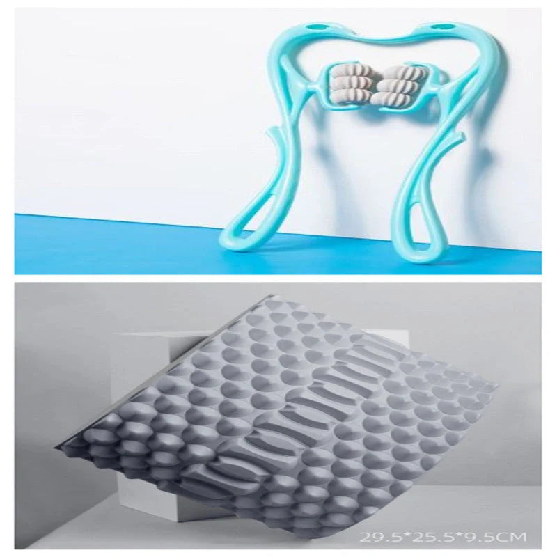 Six-wheel neck massager in blue and pink with 360° rolling balls for muscle relief