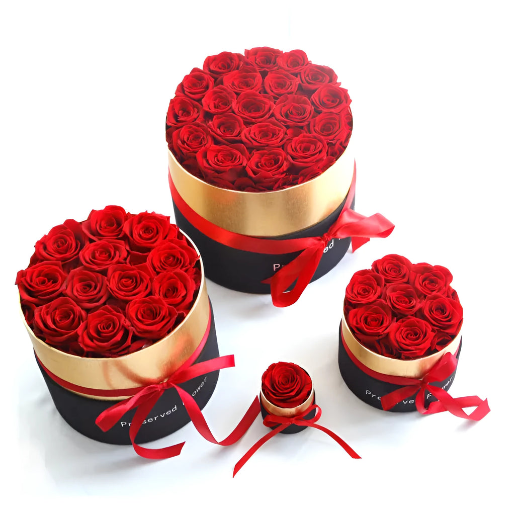 Eternal preserved real roses arranged in a decorative presentation gift box.