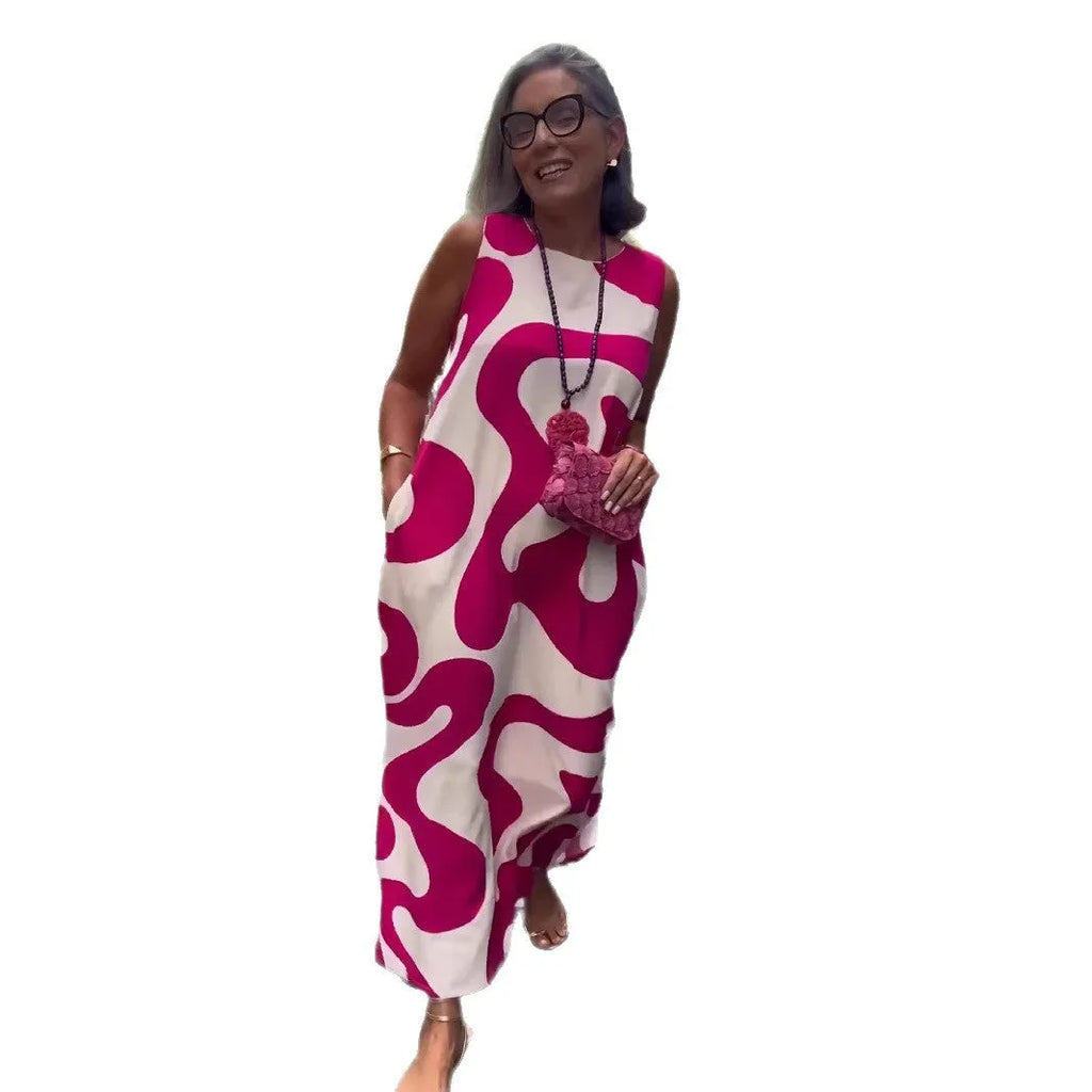 V-neck printed sleeveless A-line dress in Rose Red with abstract pattern, suitable for commuting and casual wear