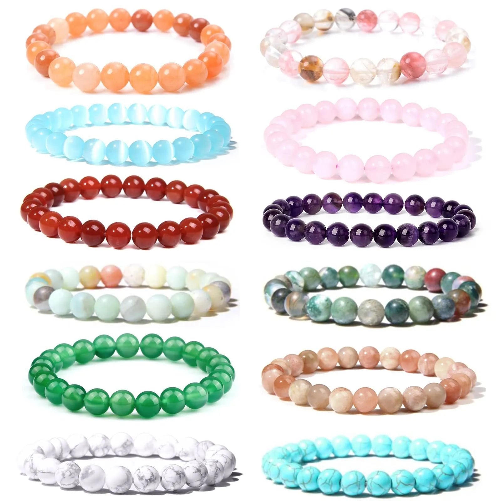 8mm natural stone bead bracelet in assorted gemstone colours including agate and amethyst