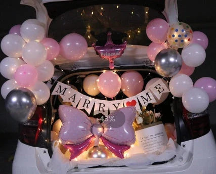 Romantic car trunk proposal decoration set with balloons, flags, and accessories for girlfriend's birthday celebration