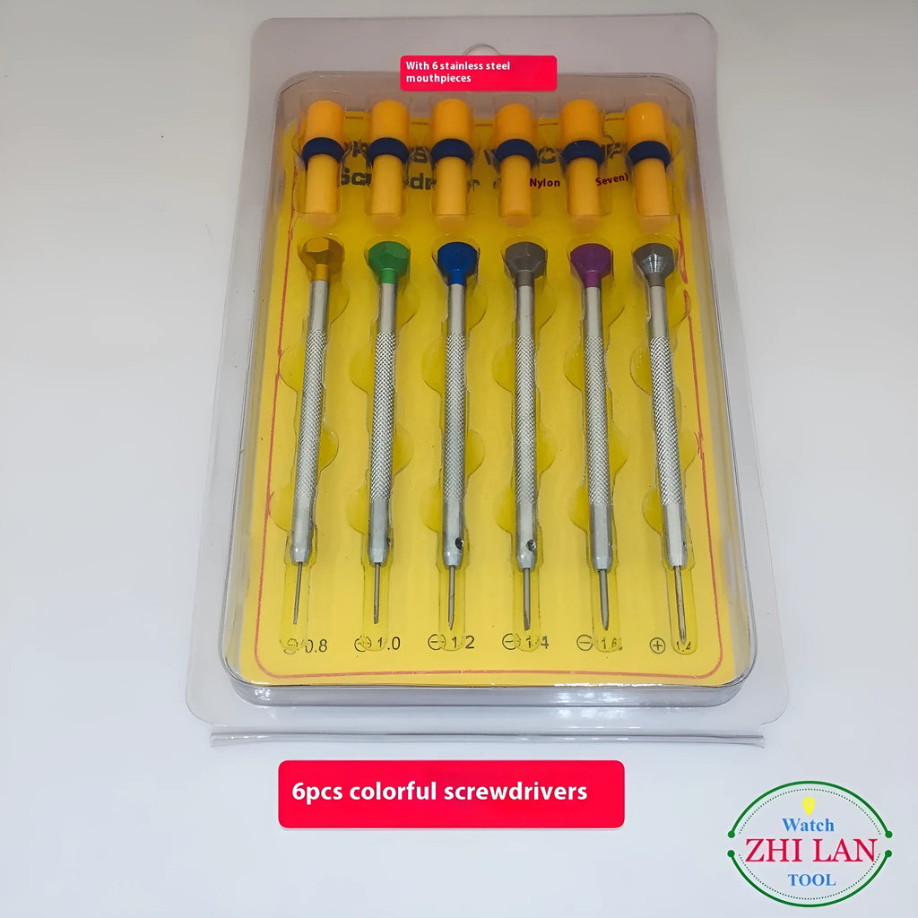 Six colour aluminium handle screwdrivers for watch repair with spring steel cutter heads