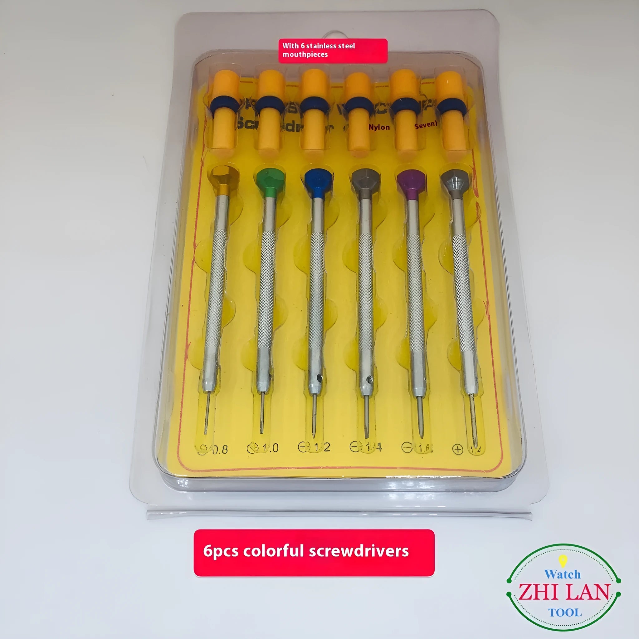Six colour aluminium handle screwdrivers for watch repair with spring steel cutter heads