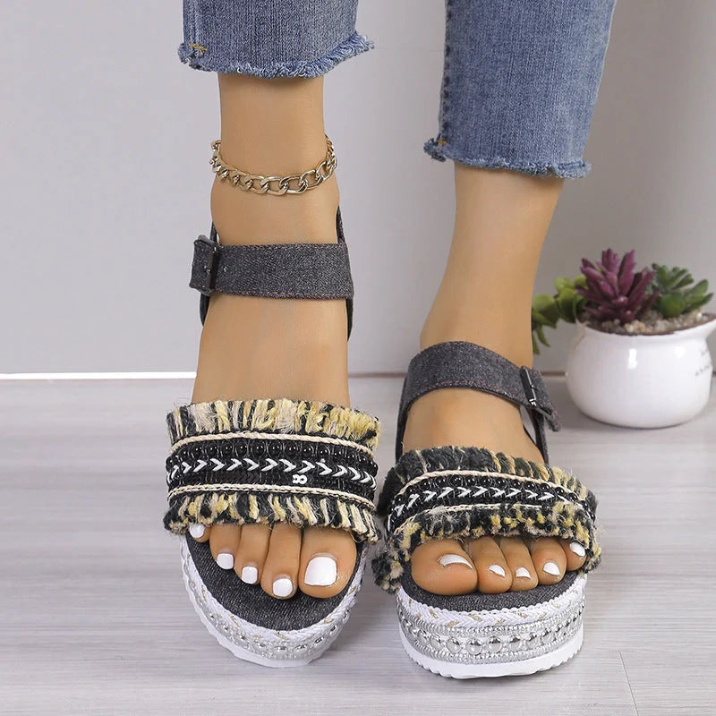 Women's denim tassel sandals with thick flat sole and hemp rope design