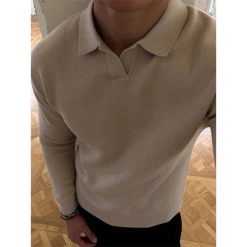 Men's loose knitted pullover in apricot colour, Japanese fresh style, long sleeves, relaxed fit