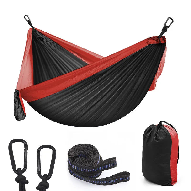 Double parachute hammock 210T nylon 300x200cm in black brown with tree straps on outdoor trees