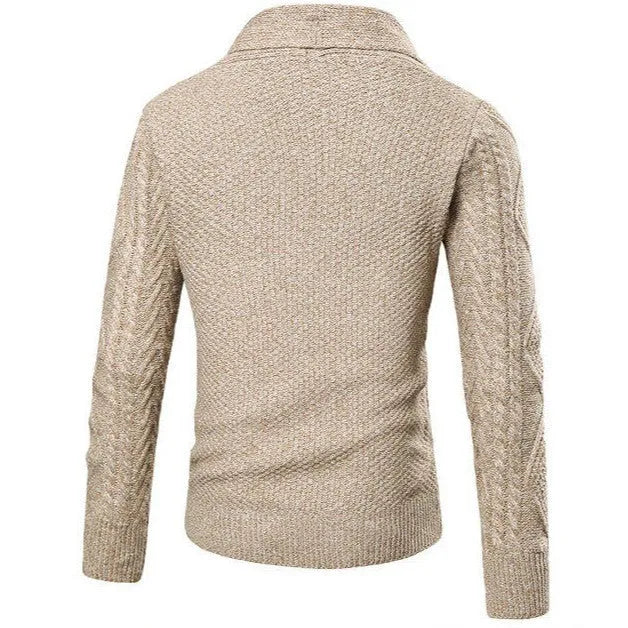 Thickened jacquard men's cardigan in khaki knit fabric with button front and long sleeves