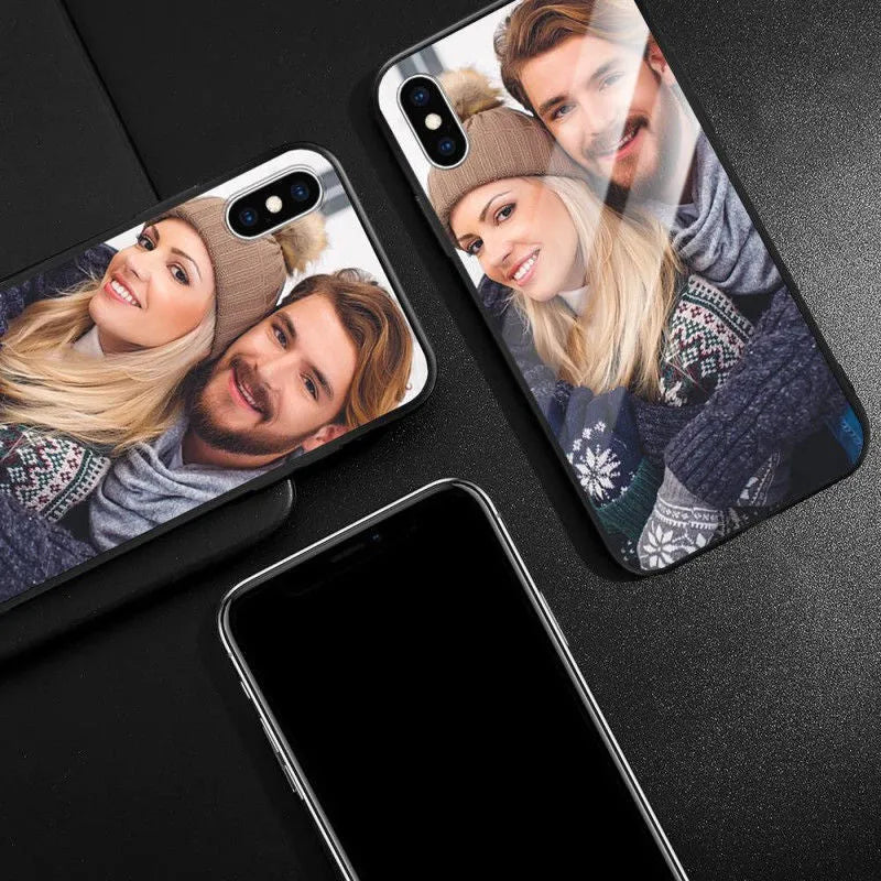 Custom patterned ultra-thin iPhone case with raised bumper edge, shown fitted on an iPhone.