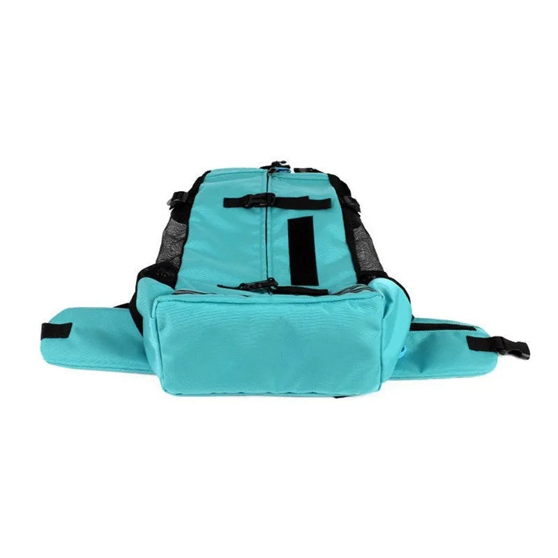 Medium dog backpack carrier in black with expandable design, made from 600D Oxford cloth, side view