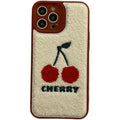 Red plush full lens phone case with cherry design for iPhone showing camera module coverage