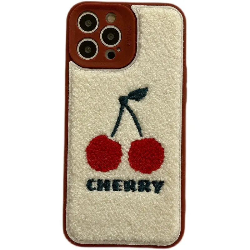 Red plush full lens phone case with cherry design for iPhone showing camera module coverage