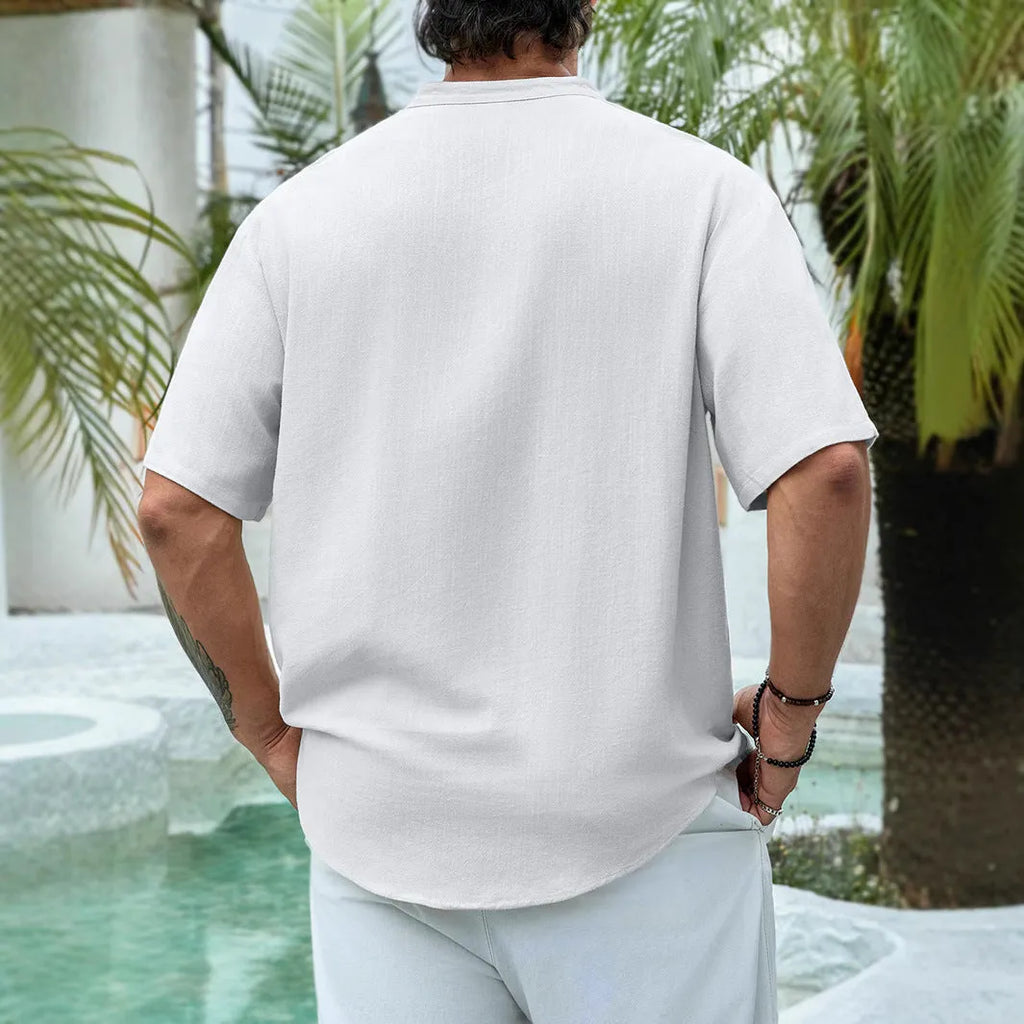 Men's V-neck short sleeve casual shirt in viscose fabric available in multiple colours with Asian sizing