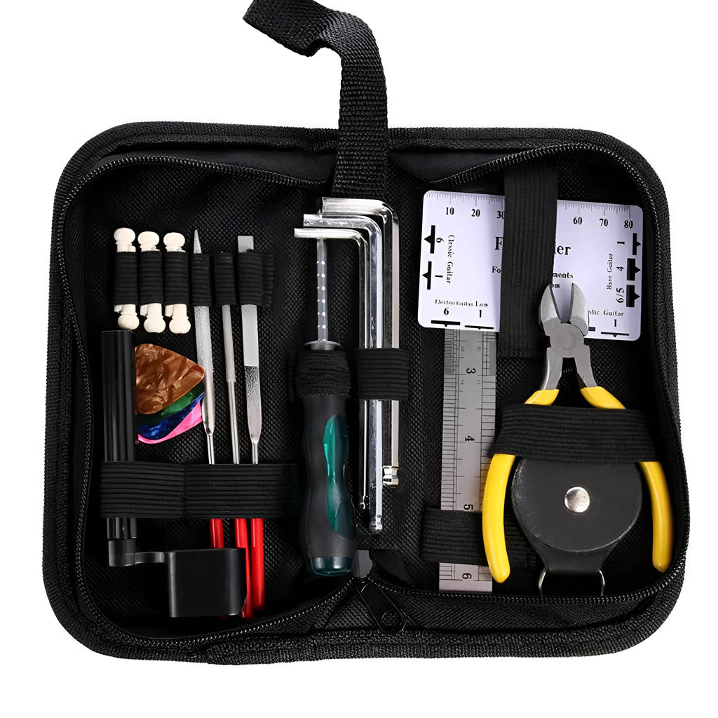 Black plastic and metal guitar repair tool kit for guitar bass mandolin banjo