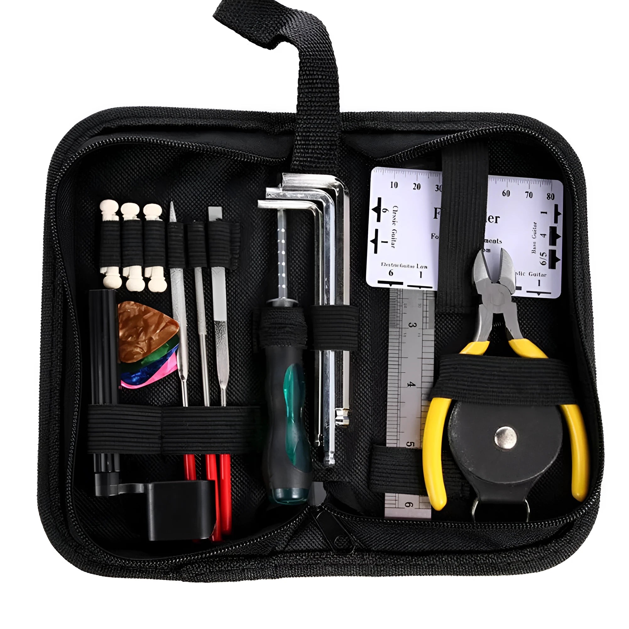 Black plastic and metal guitar repair tool kit for guitar bass mandolin banjo