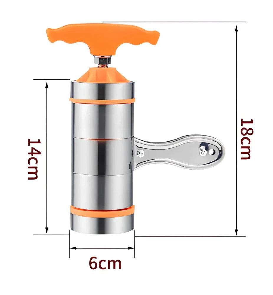 Small stainless steel pasta machine with seven mould attachments for home use