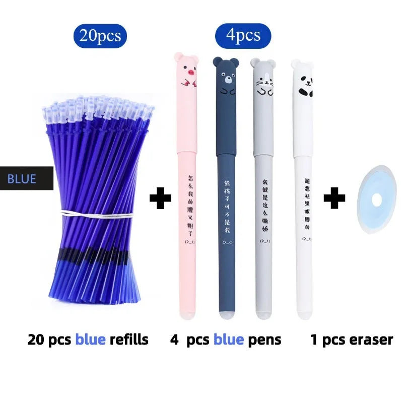 Erasable gel pen with 0.5mm tip, plastic shell, and refills in black, blue, and red ink sets.