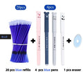Erasable gel pen with 0.5mm tip, plastic shell, and refills in black, blue, and red ink sets.