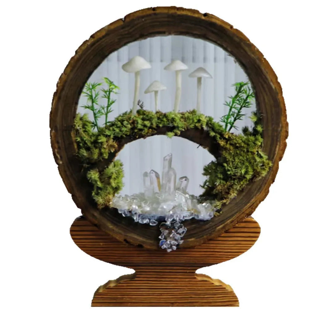 Handmade mushroom creative small night lamp with glass cover cylindrical shape on a table