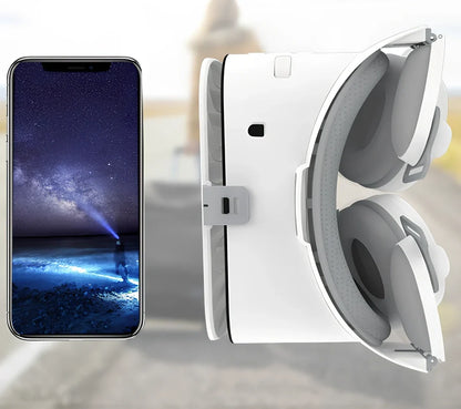 White BOBO Z6 VR Bluetooth headset with resin frame, adjustable straps, and optional controller for 3D smartphone viewing