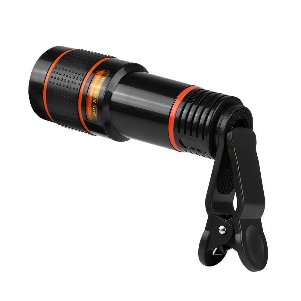 Clip-on 12x zoom telescope lens attached to Galaxy S7 phone, showing retractable design and universal clip, 80x30mm size