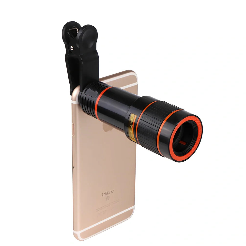 Clip-on 12x zoom telescope lens attached to Galaxy S7 phone, showing retractable design and universal clip, 80x30mm size