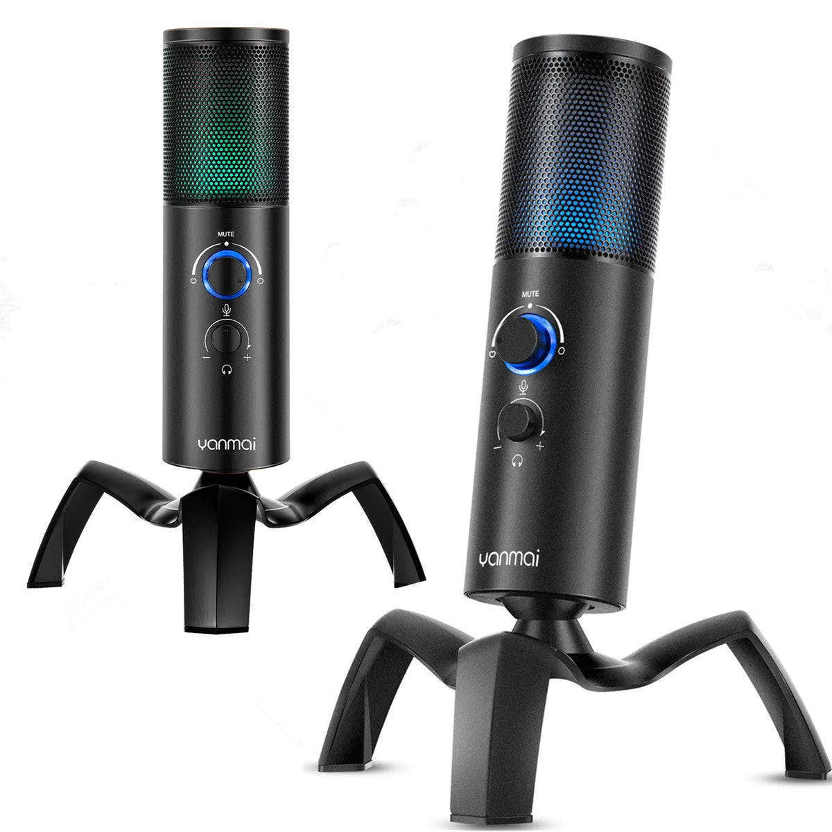 Black Q18 directional condenser microphone with RGB lighting on adjustable tripod stand