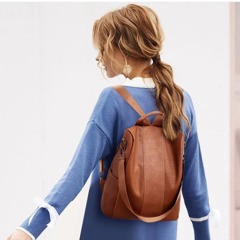 Women's solid color large capacity PU leather backpack with zipper opening