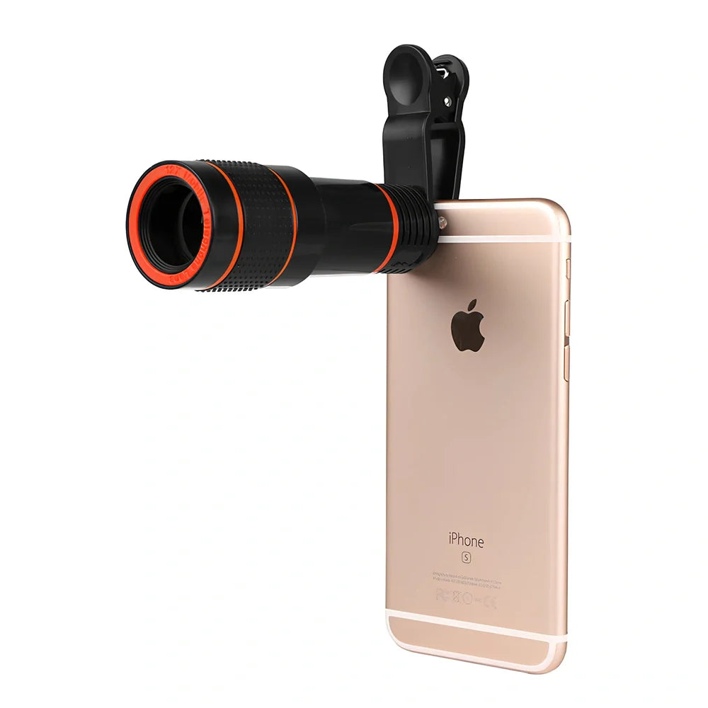 Clip-on 12x zoom telescope lens attached to Galaxy S7 phone, showing retractable design and universal clip, 80x30mm size