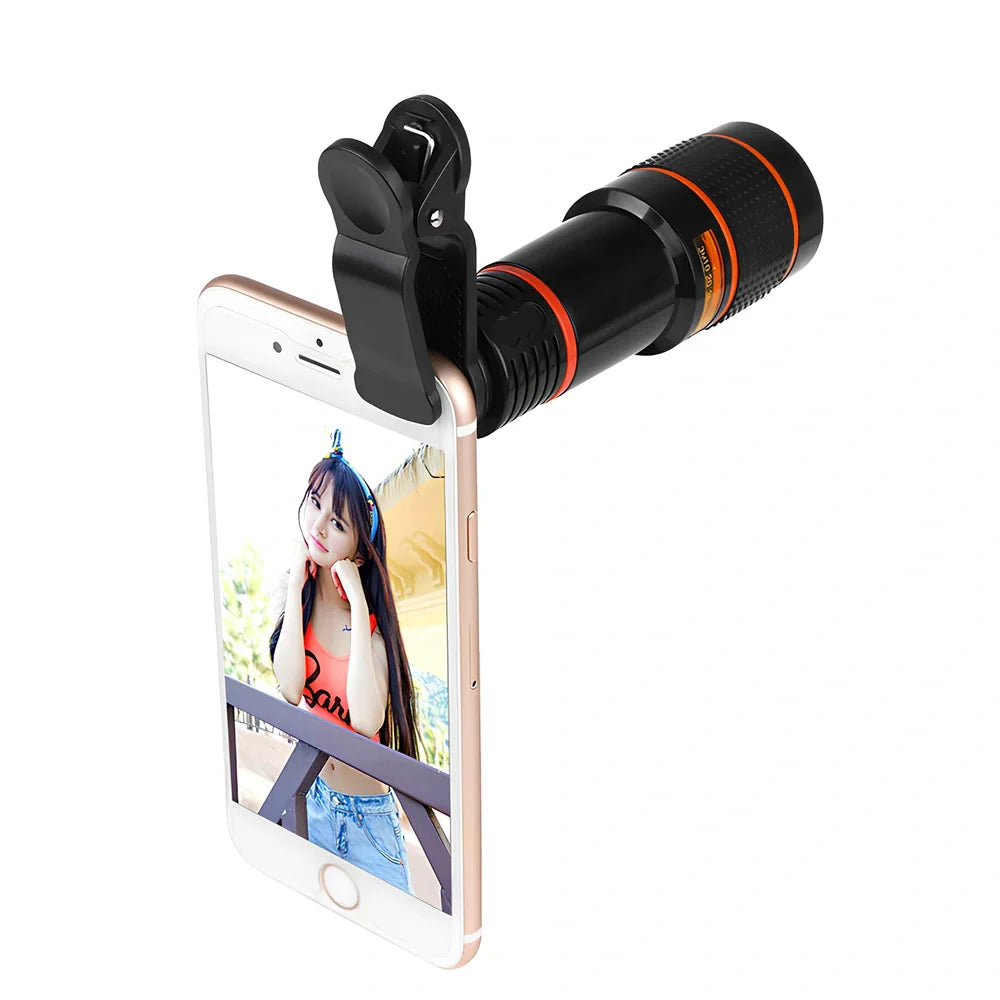 Clip-on 12x zoom telescope lens attached to Galaxy S7 phone, showing retractable design and universal clip, 80x30mm size